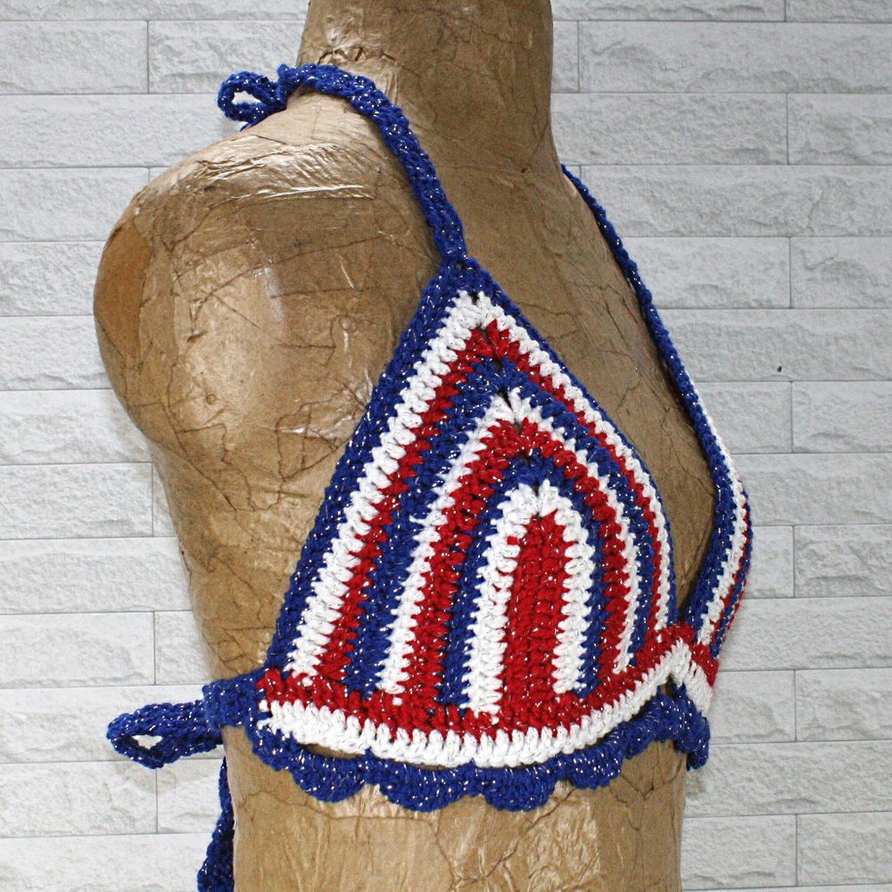 HAND CRAFTED Crop Top Crochet Bikini Patriotic Stripe Metallic Red White Blue - Picture 2 of 11